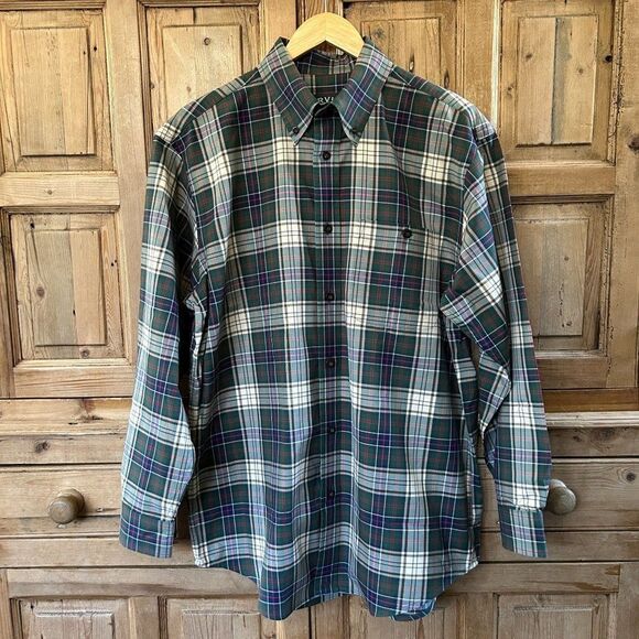 Men's Orvis Green Brown Long Sleeve Plaid Shirt Large Signature Twill - Picture 1 of 11